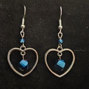 Antique silver heart and metallic blue glass dangle earrings